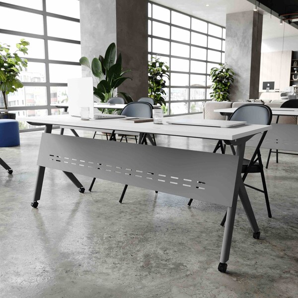 Flash Furniture Davis 72in. x 24in. HD Nesting Table w/Y-Legs, Modesty Panel, 1in. Thick White Tabletop, Gray Frame - MT-M7224-Y-LEG-WHTGRY-GG