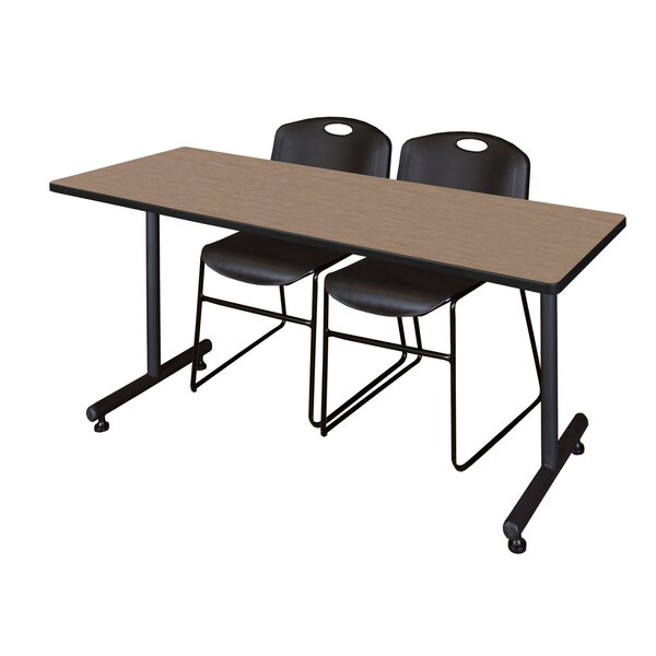 Regency Kobe T-Base Training Seminar Table W/ 2 Zeng Stack Chairs, 72 in W, 30 in L, Noble Oak - MKTRCT7230NO44BK