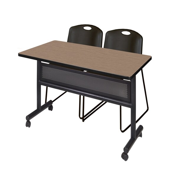 Regency Kobe Flip-Top Privacy Nesting Table W/ 2 Zeng Stack Chairs, 48 in W, 30 in L, Noble Oak - MKFTM4830NO44BK