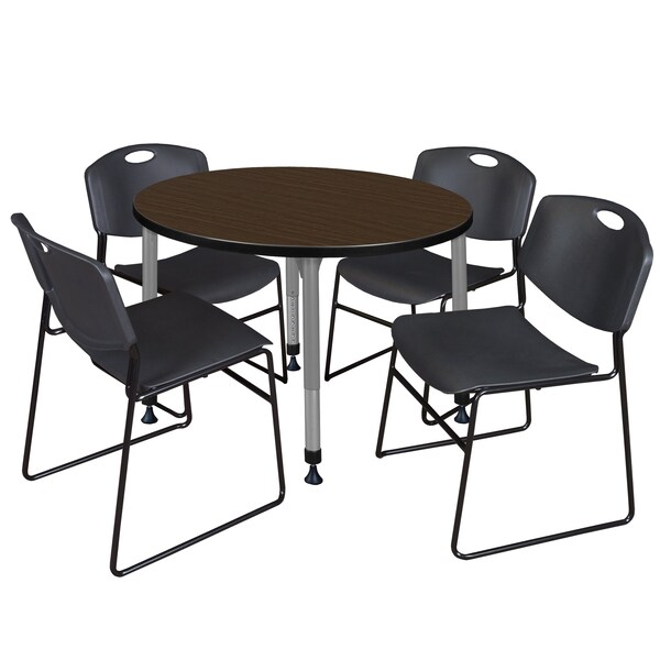 Regency Round Kee Adjustable Classroom Table W/ 4 Zeng Stack Chairs, 42 in W, 42 in L, Neo Walnut - TB42RNDNWAPGY44BK
