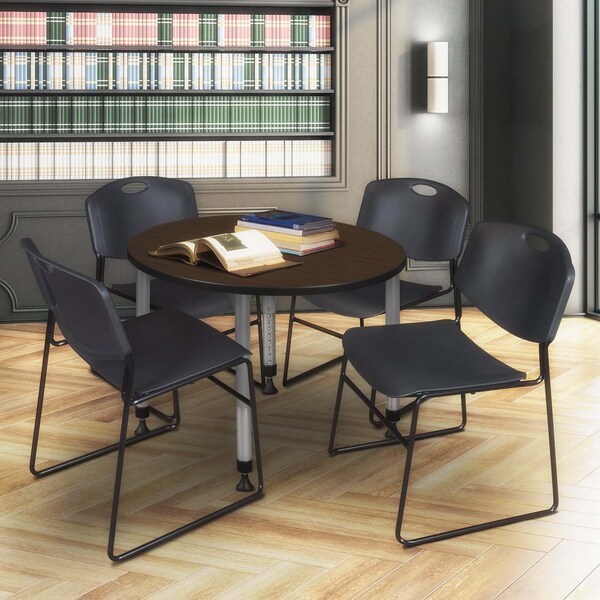 Regency Round Kee Adjustable Classroom Table W/ 4 Zeng Stack Chairs, 42 in W, 42 in L, Neo Walnut - TB42RNDNWAPGY44BK