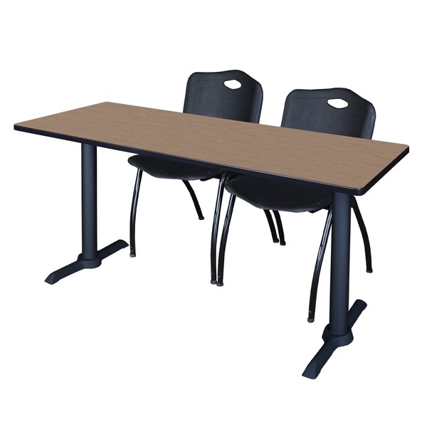Regency Cain T-Base Training Seminar Table W/ 2 M Stack Chairs, 72 in W, 24 in L, Noble Oak - MTRCT7224NO47BK