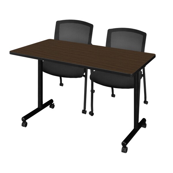 Regency Kobe Mobile T-Base Training Seminar Table W/ 2 Knight Mesh Chairs, 48 in W, 24 in L, Neo Walnut - MKTRCC4824NW56CBK