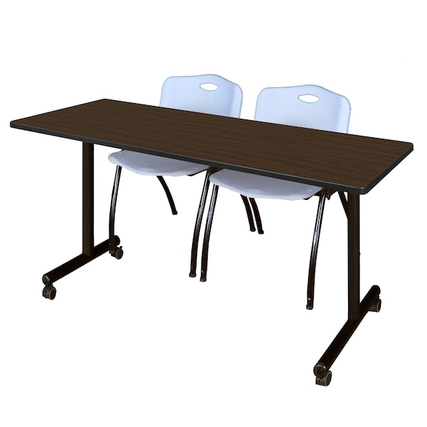 Regency Kobe Mobile T-Base Training Table W/ 2 M Stack Chairs, 60 in W, 24 in L, Neo Walnut - MKTRCC6024NW47GY