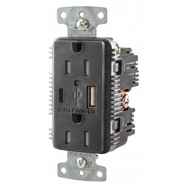 Receptáculo cargador USB Hubbell, 15 amperios, 125V AC, montaje empotrado, tomacorriente doble decorativo, 5-15R, negro - USB15AC5BK