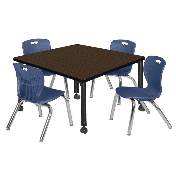 Regency Square Kee Mobile Adjustable Classroom Table W/ 4 Andy Chairs, 36 in W, 36 in L, Neo Walnut - TB3636NWAPCBK45NV