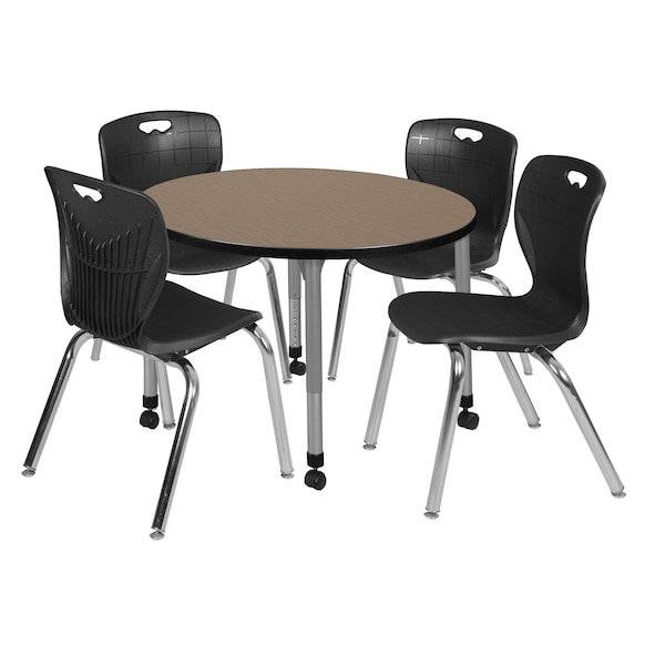 Regency Round Kee Mobile Adjustable Classroom Table W/ 4 Andy Chairs, 42 in W, 42 in L, Noble Oak - TB42RNDNOAPCGY40BK