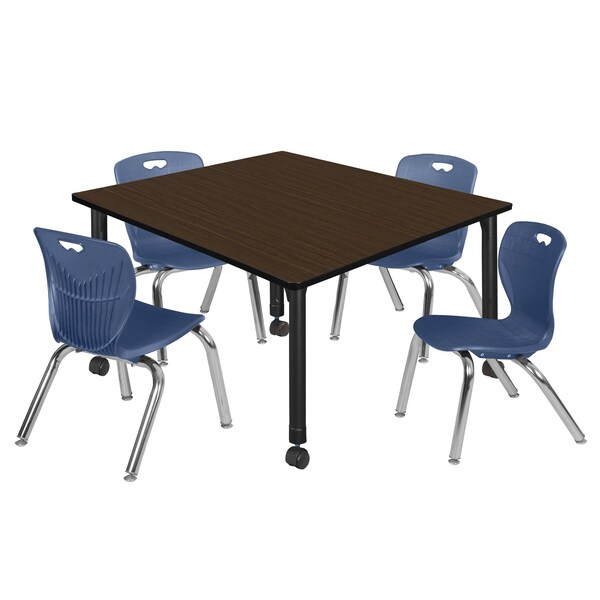 Regency Square Kee Mobile Adjustable Classroom Table W/ 4 Andy Chairs, 48 in W, 48 in L, Neo Walnut - TB4848NWAPCBK45NV