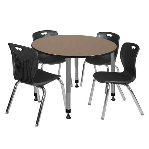 Regency Round Kee Adjustable Classroom Table W/ 4 Andy Stack Chairs, 48 in W, 48 in L, Noble Oak - TB48RNDNOAPGY40BK