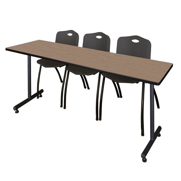 Regency Kobe T-Base Training Seminar Table W/ 2 M Stack Chairs, 84 in W, 24 in L, Noble Oak - MKTRCT8424NO47BK