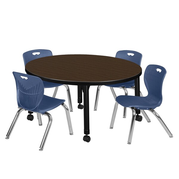 Regency Round Kee Mobile Adjustable Classroom Table W/ 4 Andy Chairs, 36 in W, 36 in L, Noble Oak - TB36RNDNOAPCBK45NV