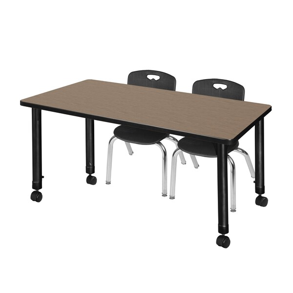 Regency Kee Mobile Adjustable Classroom Table W/ 2 Andy Stack Chairs, 48 in W, 24 in L, Noble Oak - MT4824NOAPCBK45BK