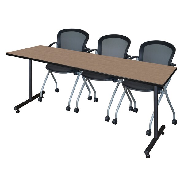 Regency Kobe T-Base Training Seminar Table W/ 2 Cadence Stack Chairs, 84 in W, 24 in L, Noble Oak - MKTRCT8424NO23BK