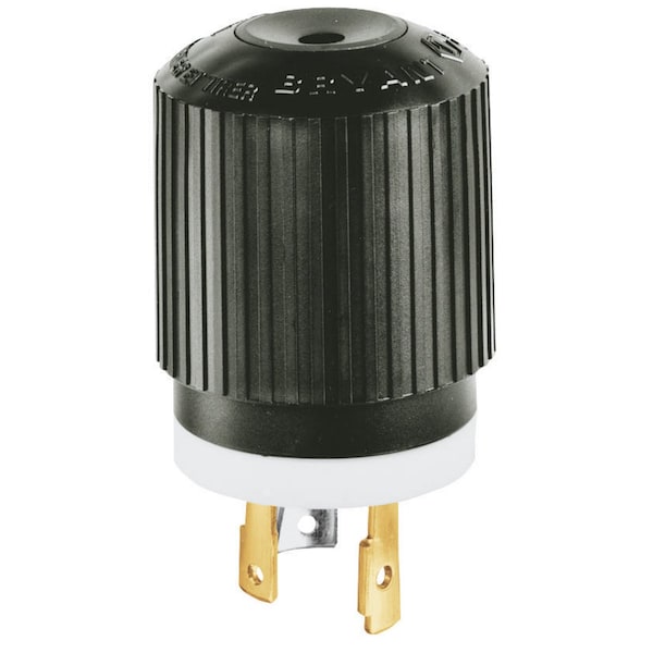 Dispositivo de bloqueo Bryant, enchufe macho, 30A 480V AC, 2 polos 3 cables de conexión a tierra, L8-30P, terminal de tornillo, negro y blanco - 70830NP.