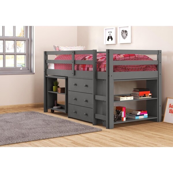 Donco Kids PD-760DG Twin Low Study Loft with Desk, Chest & Bookcase - Dark Gray - DO434723
