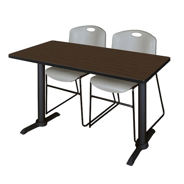 Regency Cain T-Base Training Seminar Table W/ 2 Zeng Stack Chairs, 48 in W, 24 in L, Neo Walnut - MTRCT4824NW44GY