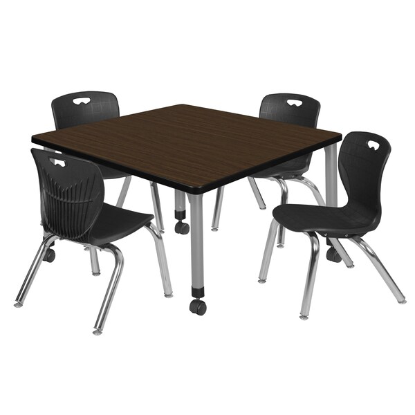 Regency Square Kee Mobile Adjustable Classroom Table W/ 4 Andy Chairs, 36 in W, 36 in L, Neo Walnut - TB3636NWAPCGY45BK