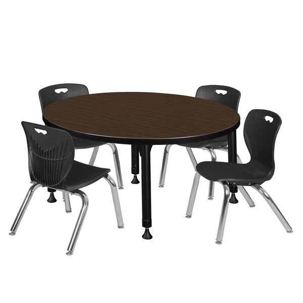 Regency Round Kee Adjustable Classroom Table W/ 4 Andy Stack Chairs, 36 in W, 36 in L, Neo Walnut - TB36RNDNWAPBK45BK