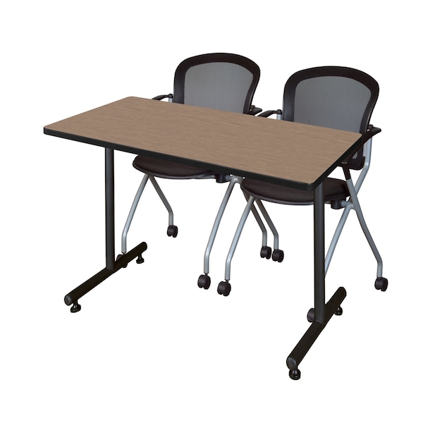 Regency Kobe T-Base Training Seminar Table W/ 2 Cadence Stack Chairs, 48 in W, 24 in L, Noble Oak - MKTRCT4824NO23BK