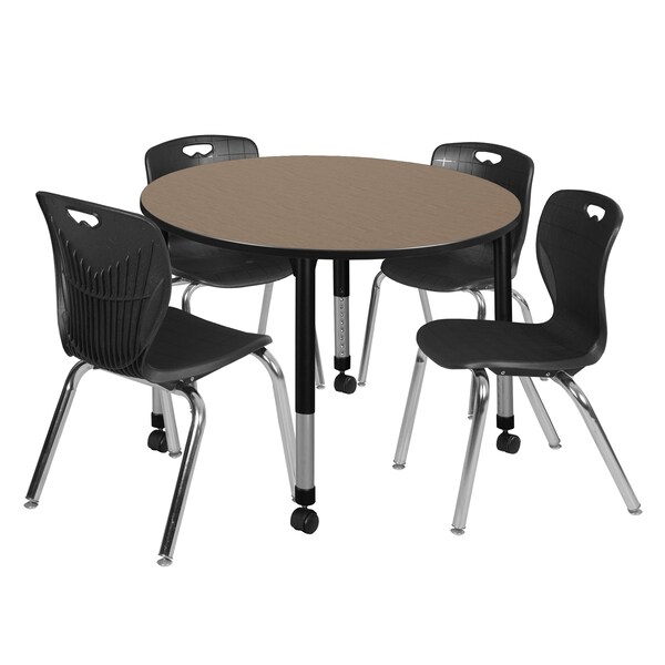 Regency Round Kee Mobile Adjustable Classroom Table W/ 4 Andy Chairs, 48 in W, 48 in L, Noble Oak - TB48RNDNOAPCBK40BK