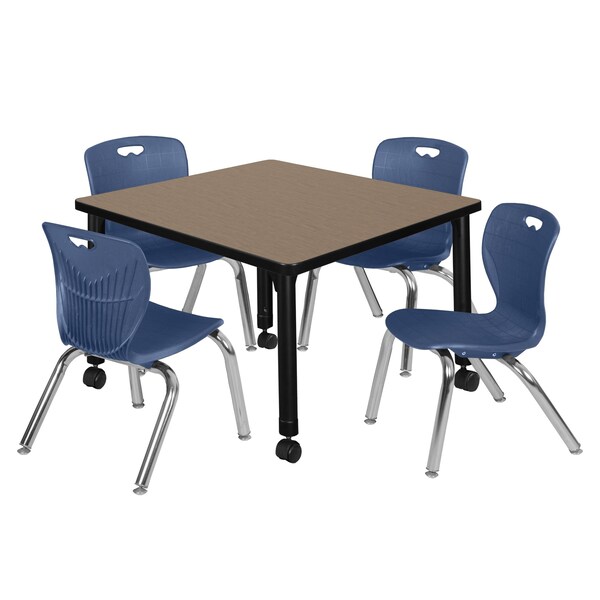 Regency Square Kee Mobile Adjustable Classroom Table W/ 4 Andy Chairs, 30 in W, 30 in L, Noble Oak - TB3030NOAPCBK45NV