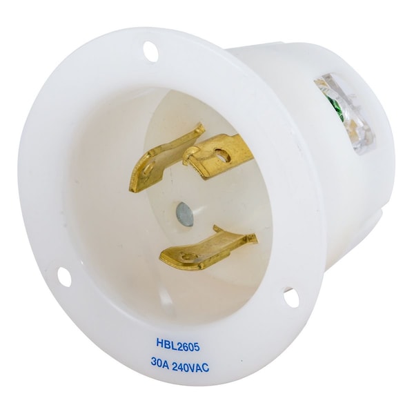 Conector de entrada de bloqueo de tierra, 30A 240V L-N, L25-30P, Blanco - HBL2605
