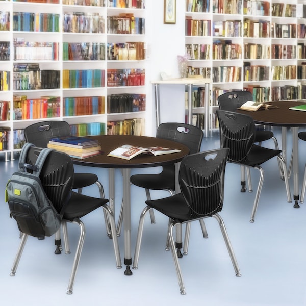 Regency Round Kee Adjustable Classroom Table W/ 4 Andy Stack Chairs, 42 in W, 42 in L, Neo Walnut - TB42RNDNWAPGY40BK