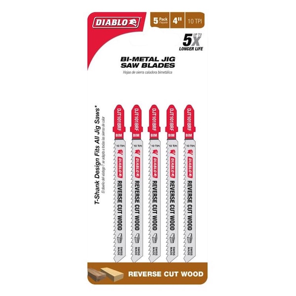 Diablo 4 in. Bi-Metal T-Shank Reverse Cut Jig Saw Blade 10 TPI 5 pk - DJT101BRF5