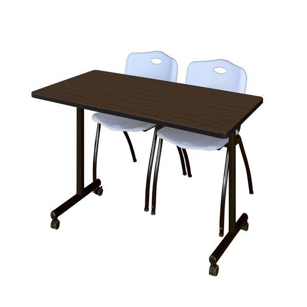 Regency Kobe Mobile T-Base Training Table W/ 2 M Stack Chairs, 48 in W, 24 in L, Neo Walnut - MKTRCC4824NW47GY
