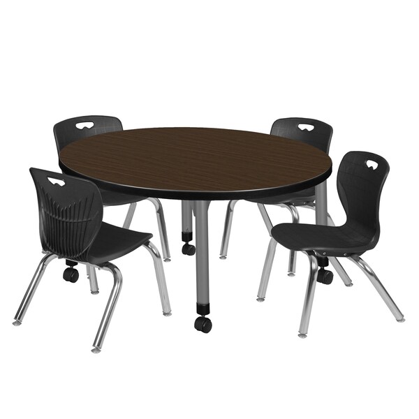 Regency Round Kee Mobile Adjustable Classroom Table W/ 4 Andy Chairs, 36 in W, 36 in L, Neo Walnut - TB36RNDNWAPCGY45BK