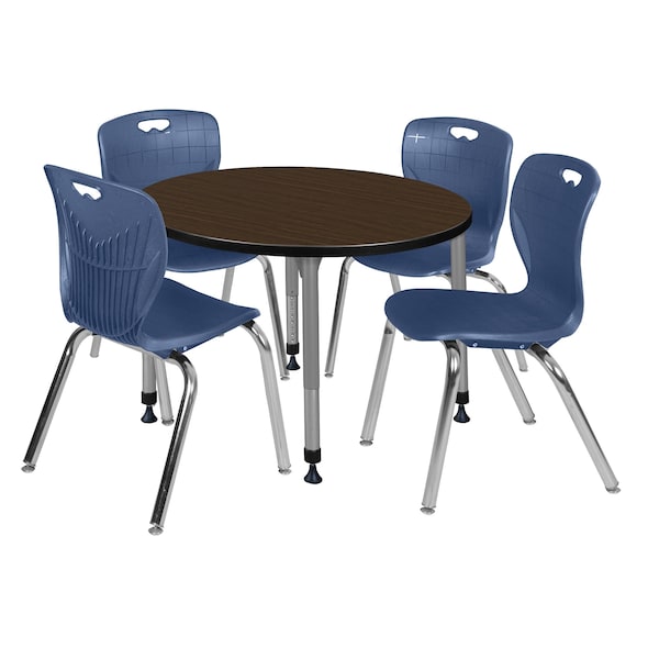 Regency Round Kee Adjustable Classroom Table W/ 4 Andy Stack Chairs, 36 in W, 36 in L, Neo Walnut - TB36RNDNWAPGY40NV