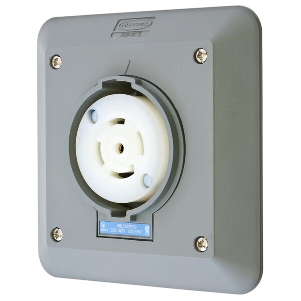 Dispositivos de bloqueo Hubbell Wiring Device-Kellems, Twist-Lock®, Protector de seguridad, Receptáculo semi empotrado de 2 módulos, 30A 3 fases Wye 120/208V AC, 4 polos 5 cables de tierra, L21-30R - HBL2810SR2.