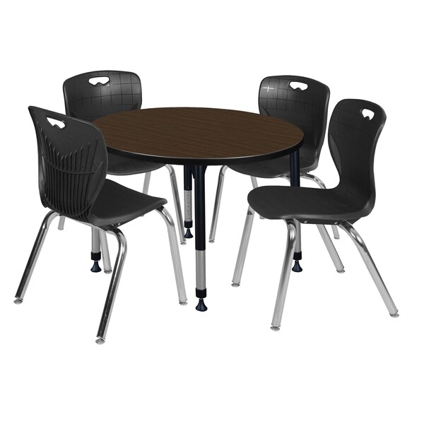 Regency Round Kee Adjustable Classroom Table W/ 4 Andy Stack Chairs, 36 in W, 36 in L, Neo Walnut - TB36RNDNWAPBK40BK