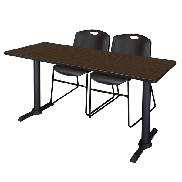Regency Cain T-Base Training Seminar Table W/ 2 Zeng Stack Chairs, 72 in W, 24 in L, Neo Walnut - MTRCT7224NW44BK