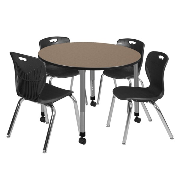 Regency Round Kee Mobile Adjustable Classroom Table W/ 4 Andy Chairs, 48 in W, 48 in L, Noble Oak - TB48RNDNOAPCGY40BK