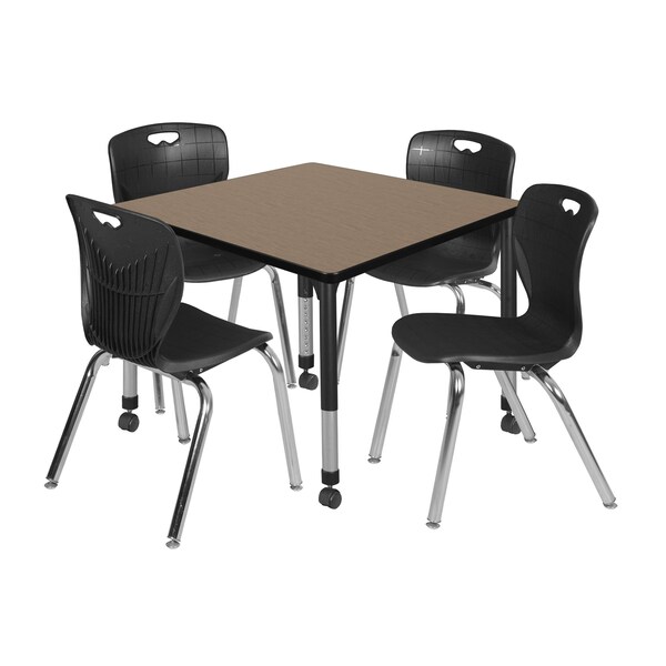 Regency Square Kee Mobile Adjustable Classroom Table W/ 4 Andy Chairs, 36 in W, 36 in L, Noble Oak - TB3636NOAPCBK40BK