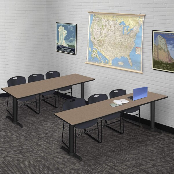 Regency Cain T-Base Training Seminar Table W/ 3 Zeng Stack Chairs, 84 in W, 24 in L, Noble Oak - MTRCT8424NO44BK