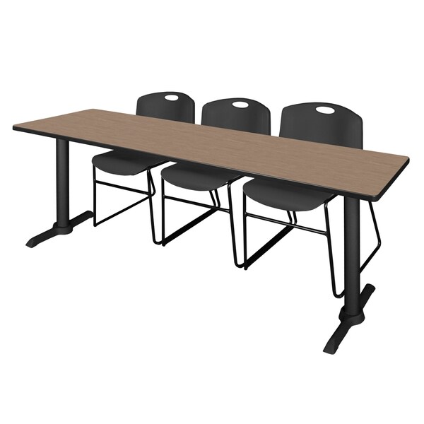 Regency Cain T-Base Training Seminar Table W/ 3 Zeng Stack Chairs, 84 in W, 24 in L, Noble Oak - MTRCT8424NO44BK