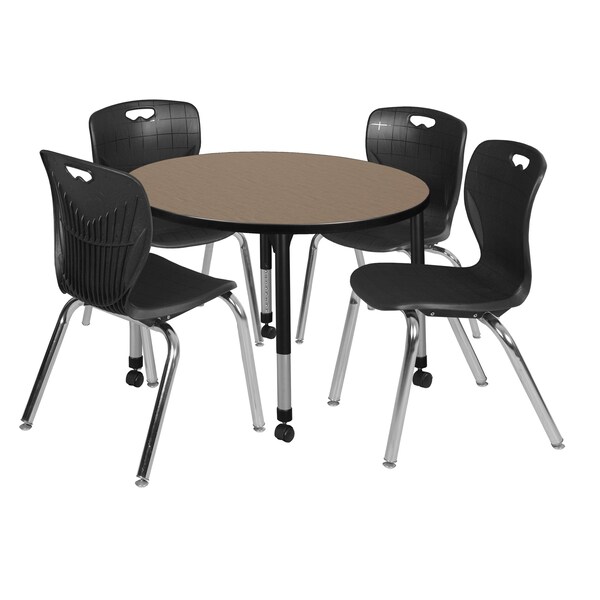 Regency Round Kee Mobile Adjustable Classroom Table W/ 4 Andy Chairs, 42 in W, 42 in L, Noble Oak - TB42RNDNOAPCBK40BK