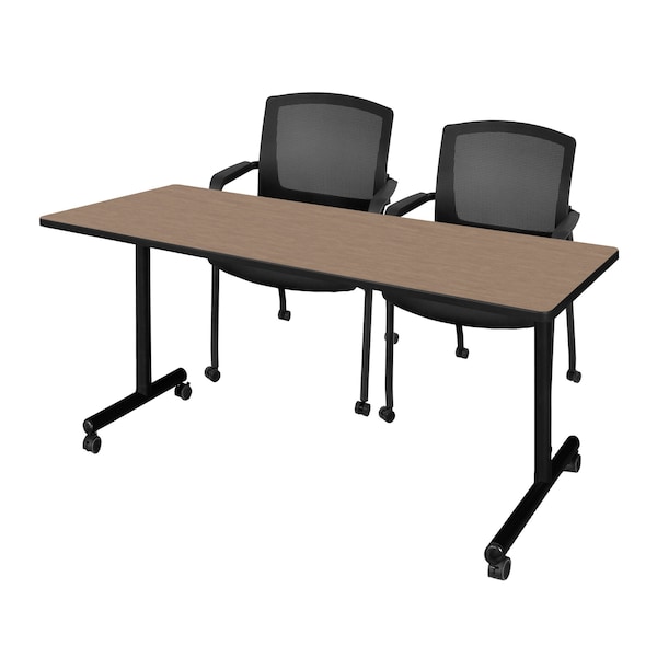 Regency Kobe Mobile T-Base Training Seminar Table W/ 2 Knight Mesh Chairs, 72 in W, 24 in L, Noble Oak - MKTRCC7224NO56CBK