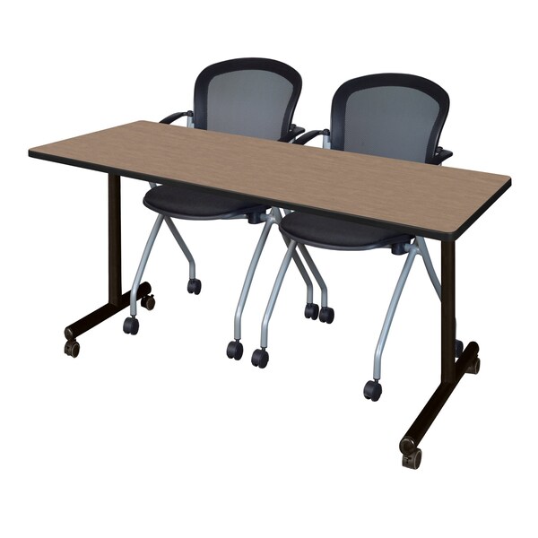 Regency Kobe Mobile T-Base Training Table W/ 2 Stack Chairs, 72 in W, 24 in L, Noble Oak - MKTRCC7224NO23BK