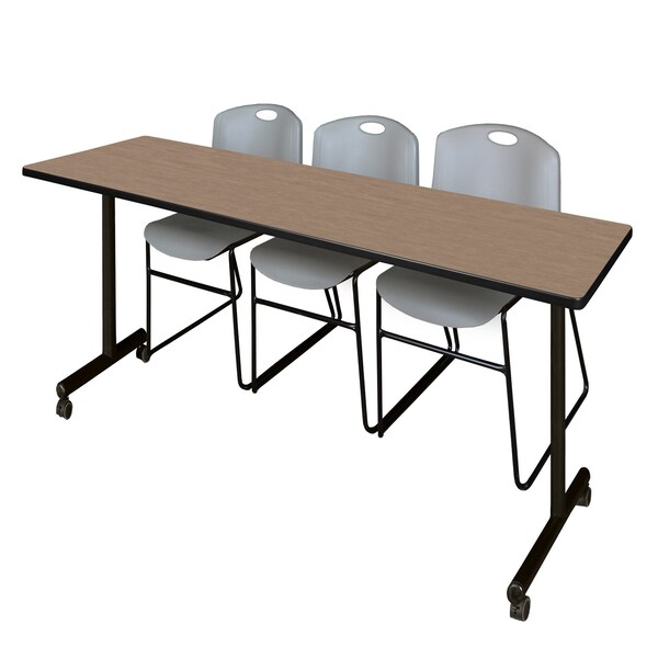 Regency Kobe Mobile T-Base Training Table W/ 2 Zeng Stack Chairs, 84 in W, 24 in L, Noble Oak - MKTRCC8424NO44GY