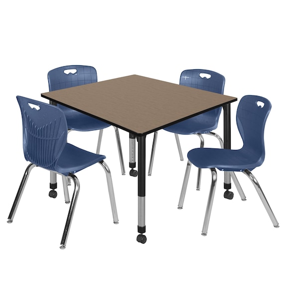 Regency Square Kee Mobile Adjustable Classroom Table W/ 4 Andy Chairs, 48 in W, 48 in L, Noble Oak - TB4848NOAPCBK40NV