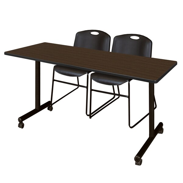 Regency Kobe Mobile T-Base Training Table W/ 2 Zeng Stack Chairs, 60 in W, 24 in L, Neo Walnut - MKTRCC6024NW44BK