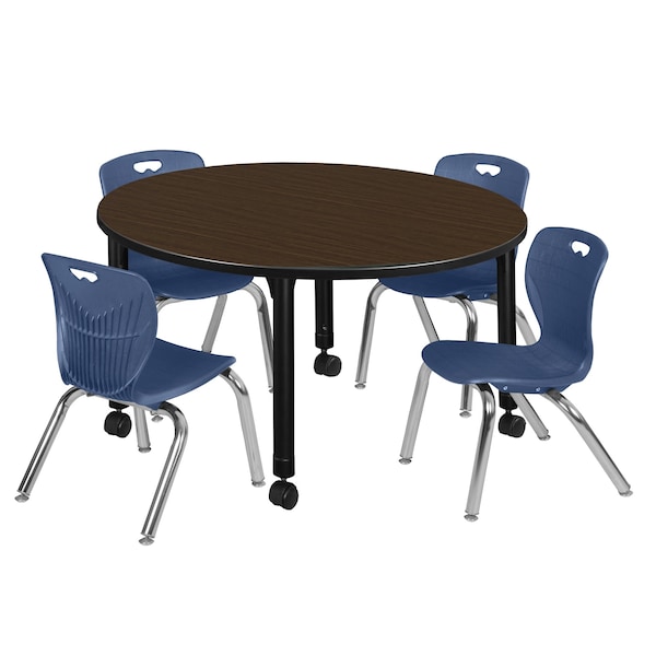 Regency Round Kee Mobile Adjustable Classroom Table W/ 4 Andy Chairs, 48 in W, 48 in L, Neo Walnut - TB48RNDNWAPCBK45NV