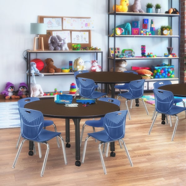 Regency Round Kee Mobile Adjustable Classroom Table W/ 4 Andy Chairs, 48 in W, 48 in L, Neo Walnut - TB48RNDNWAPCBK45NV