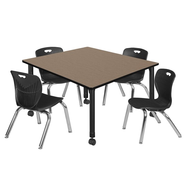 Regency Square Kee Mobile Adjustable Classroom Table W/ 4 Andy Chairs, 48 in W, 48 in L, Noble Oak - TB4848NOAPCBK45BK