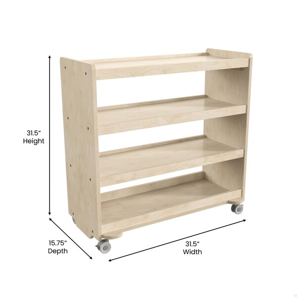Flash Furniture Bright Beginnings Commercial Grade Space Saving 4 Shelf Wooden Mobile Classroom Storage Cart with Locking Caster Wheels, Kid Friendly Design, Natural - MK-KE24114-GG