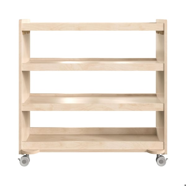 Flash Furniture Bright Beginnings Commercial Grade Space Saving 4 Shelf Wooden Mobile Classroom Storage Cart with Locking Caster Wheels, Kid Friendly Design, Natural - MK-KE24114-GG