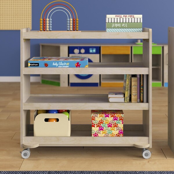 Flash Furniture Bright Beginnings Commercial Grade Space Saving 4 Shelf Wooden Mobile Classroom Storage Cart with Locking Caster Wheels, Kid Friendly Design, Natural - MK-KE24114-GG
